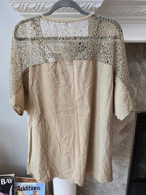 Vintage Fred Thomas Boho Crochet Top, Beige Ramie Cotton Blend Lace V-Neck Tunic